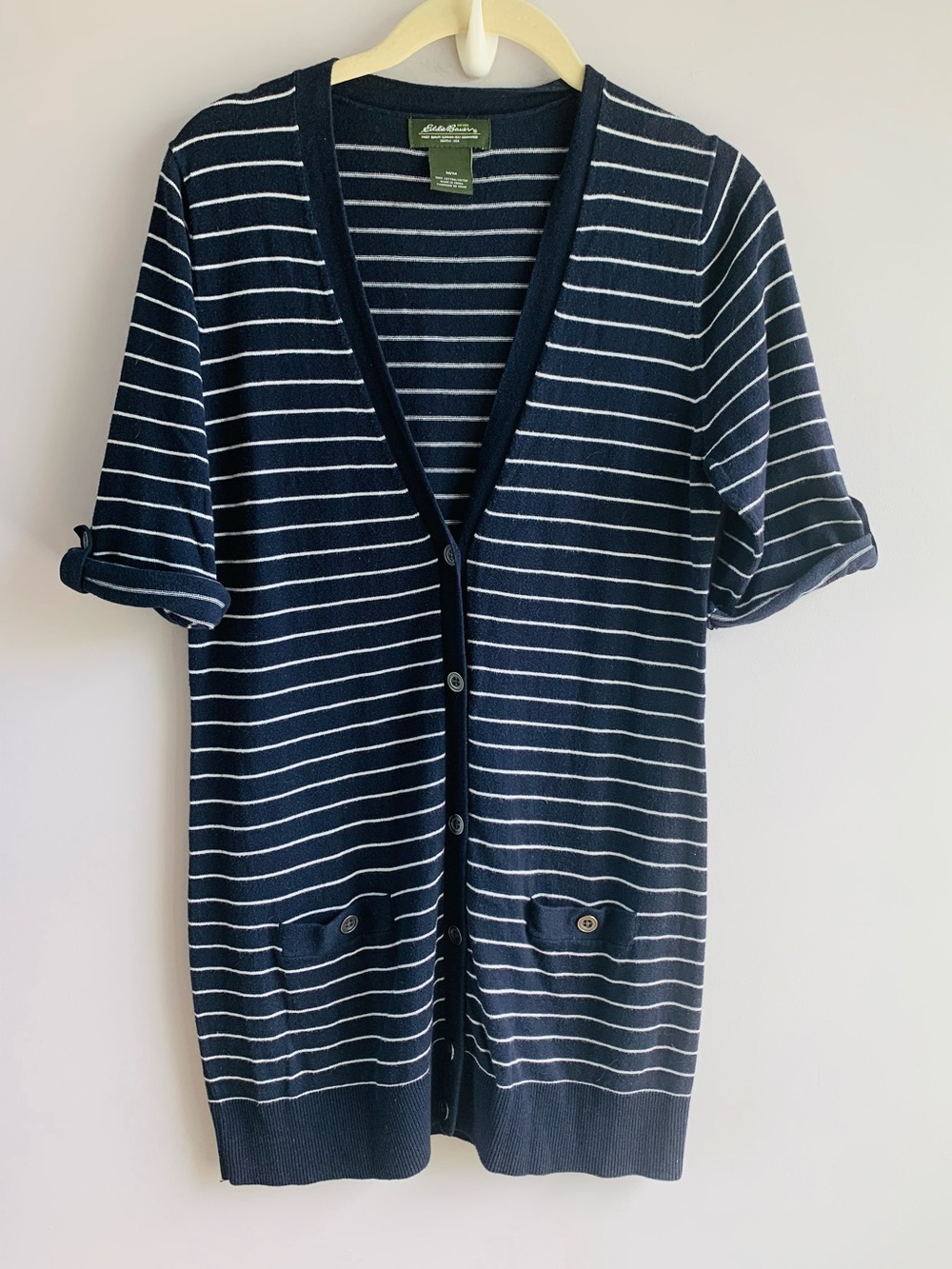 Eddie Bauer Cardigan Stripe Navy White Short Sleeve Business Casual Preppy EUC M